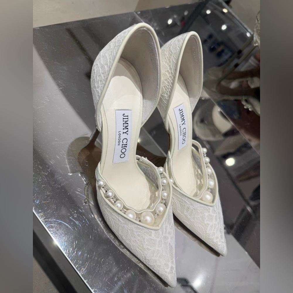 Jimmy Choo White Lace Pumps with Pearl Trim